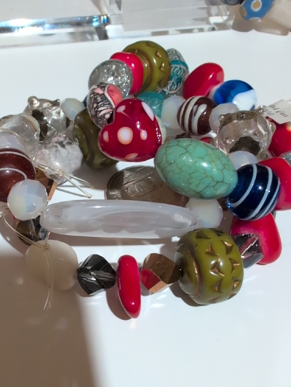 Handmade Multicolor Glass Bead Stretch Bracelet - Turquoise, Blue, Green, red - Picture 11 of 11
